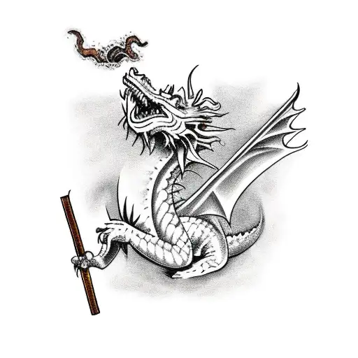 dragon breathing fire with Jesus Christ on top smoking weed tattoo design idea