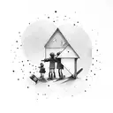 A father and child holding paintbrushes, with dotwork style tattoo design idea