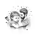 A father and child holding paintbrushes, with dotwork style tattoo design idea