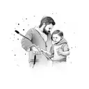 A father and child holding paintbrushes, with dotwork style tattoo design idea