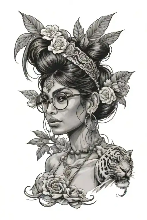 A seductive portrait of Mia Khalifa or Jewel Jade with elements of Japanese art and gaming motifs, in a black-grey style tattoo design idea