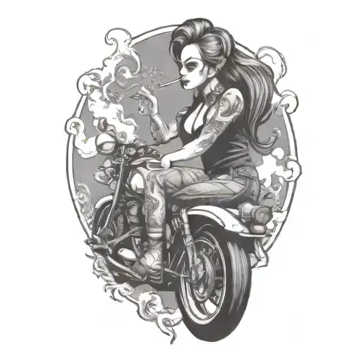 Black and Grey Smoking Cigarette Biker Girl Riding. Tattoo Idea BlackInk AI