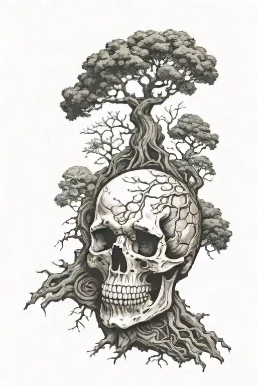 skull with yggdrasil tree growing out of it, viking runes in background tattoo design idea