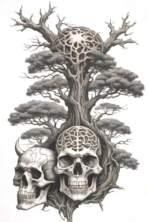 tattoo on viking mythology, in the foreground the yggdrasil tree coming out of a shattered skull tattoo design idea