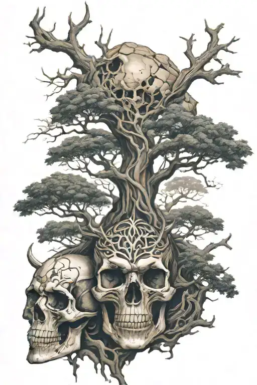 tattoo on viking mythology, in the foreground the yggdrasil tree coming out of a shattered skull tattoo design idea