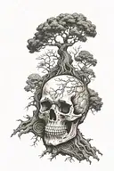 skull with yggdrasil tree growing out of it, viking runes in background tattoo design idea