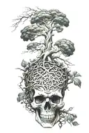 skull with yggdrasil tree growing out of it, viking runes in background tattoo design idea