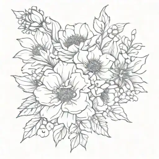 February, March, may, June, September, November, and December birth flower bouquet tattoo design idea