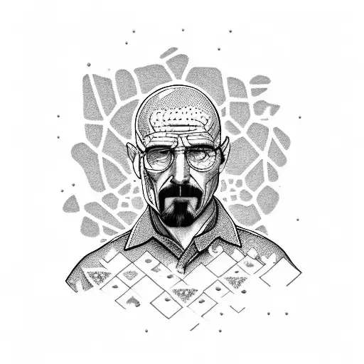 A dotwork tattoo depicting Walter White standing on an island surrounded by meth crystals tattoo design idea