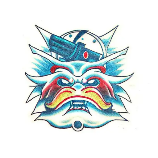 Oni Mask sinking into japanese waves  tattoo design idea