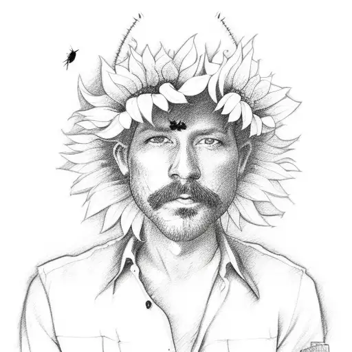 A stunning sketch-style tattoo of a farmer playing a guitar surrounded by a field of sunflowers tattoo design idea