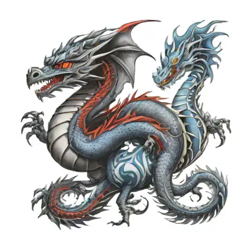 Red fire dragon and one blue fire dragon tattoo design idea
