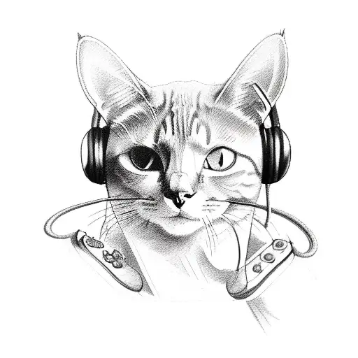 A sketch-style tattoo of a cat wearing gaming headphones and holding a controller tattoo design idea