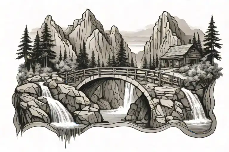 MOUNTAIN TRAIL BRIDGE WATERFALL tattoo design idea