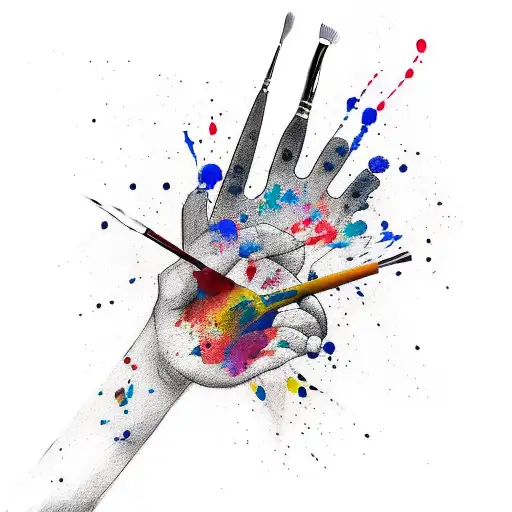 A sketch-style tattoo of a nurse's hands holding a paintbrush, with colorful paint splatters surrounding them tattoo design idea