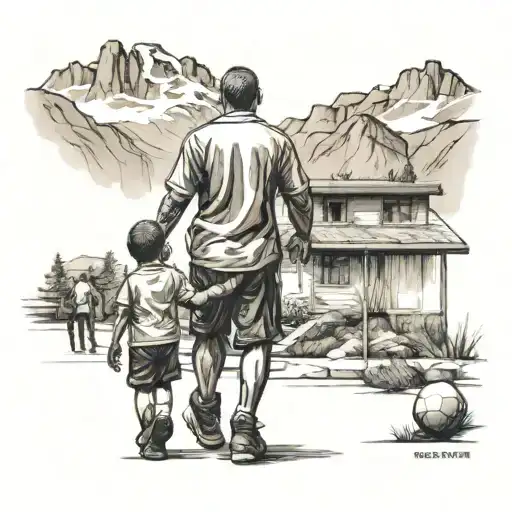 kid walking with dad to soccer practice in big city, mountains in background tattoo design idea