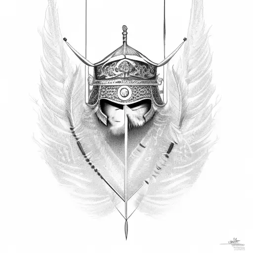 feather and sword intersected, letters N on top, R on bottom, worrior helmet on left side, crowne on right side tattoo design idea