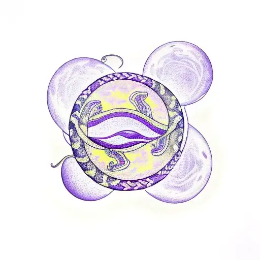 a lavender tattoo of twin crescent moons laying sideways, snakes  twine around the crescent moons, forming a larger circ tattoo design idea