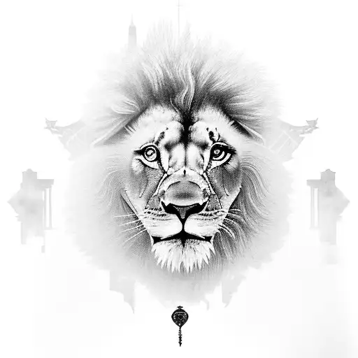 A black-grey tattoo showcasing a magnificent lion and a stunning city skyline merging seamlessly tattoo design idea