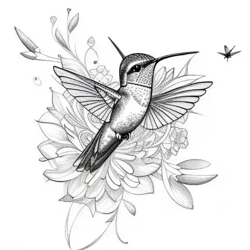 A sketch-style tattoo featuring a graceful hummingbird surrounded by delicate flowers and architectural elements tattoo design idea
