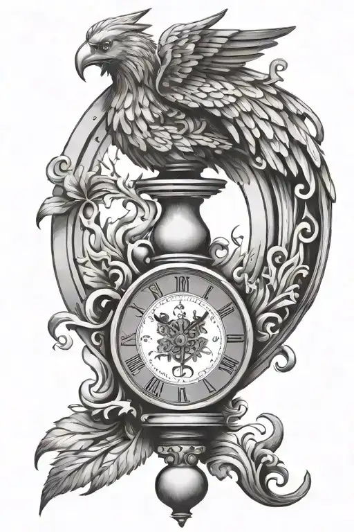 A tattoo design combining elements of Greek mythology and time, featuring a Keltic symbol intertwined with an hourglass and a phoenix rising from the ashes tattoo design idea