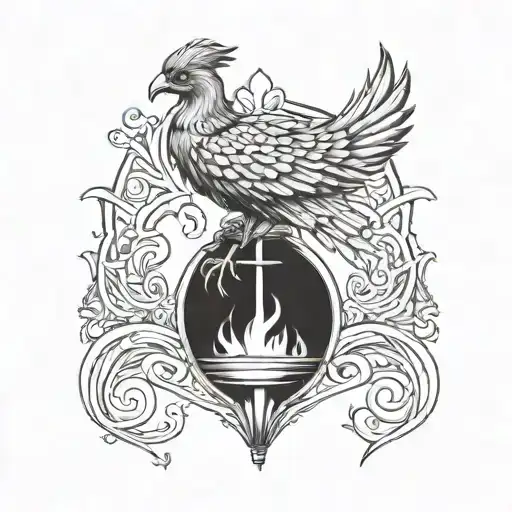 A tattoo design combining elements of Greek mythology and time, featuring a Keltic symbol intertwined with an hourglass and a phoenix rising from the ashes tattoo design idea