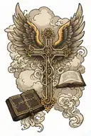 A Cross with wings and clouds behind it & the bibles verse "hebrews 13:5" below it  tattoo design idea