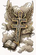 A Cross with wings and clouds behind it & the bibles verse "hebrews 13:5" below it  tattoo design idea