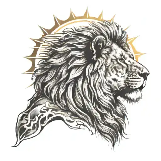 lions head with the sun behind him tattoo design idea