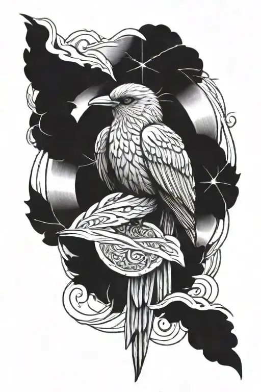 angel bird sitting clocked sun rising tattoo design idea