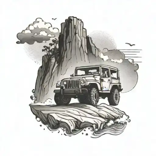 A tattoo design of a rock formation at the beach, with crashing waves and a silhouette of a jeep driving along the shore tattoo design idea