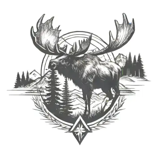 moose, pine trees, mountains, compass tattoo design idea