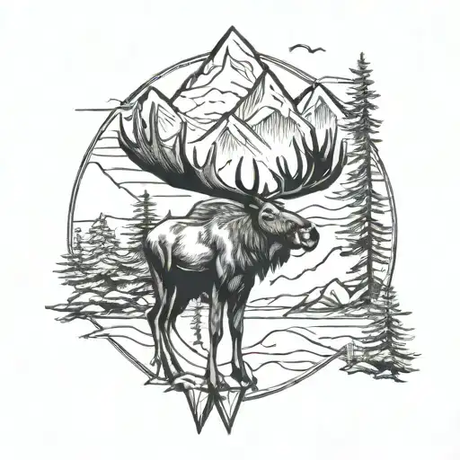 moose, pine trees, mountains, compass tattoo design idea