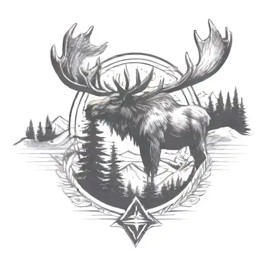 moose, pine trees, mountains, compass tattoo design idea