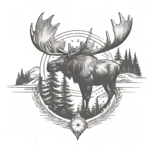moose, pine trees, mountains, compass tattoo design idea