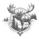 moose, pine trees, mountains, compass tattoo design idea