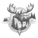 moose, pine trees, mountains, compass tattoo design idea