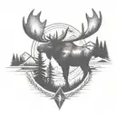 moose, pine trees, mountains, compass tattoo design idea