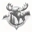 moose, pine trees, mountains, compass tattoo design idea