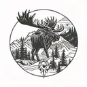 moose, pine trees, mountains, compass tattoo design idea