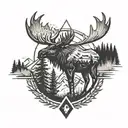 moose, pine trees, mountains, compass tattoo design idea