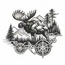 moose, pine trees, mountains, compass tattoo design idea