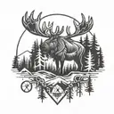 moose, pine trees, mountains, compass tattoo design idea