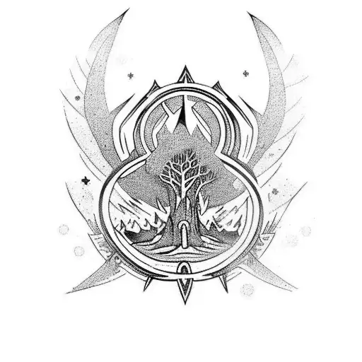 A tribal tattoo of a magical forest with hidden creatures and symbols from Norse mythology scattered throughout tattoo design idea