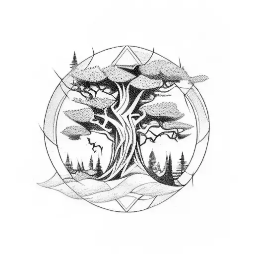 A sketch-style tattoo of a magical forest with hidden creatures and symbols from Norse mythology scattered throughout tattoo design idea