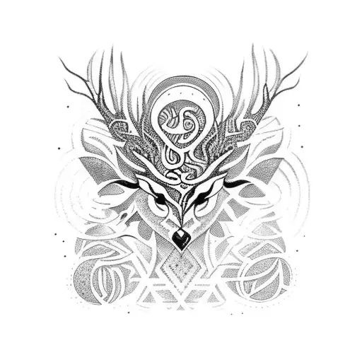 A tribal tattoo of a magical forest with hidden creatures and symbols from Norse mythology scattered throughout tattoo design idea