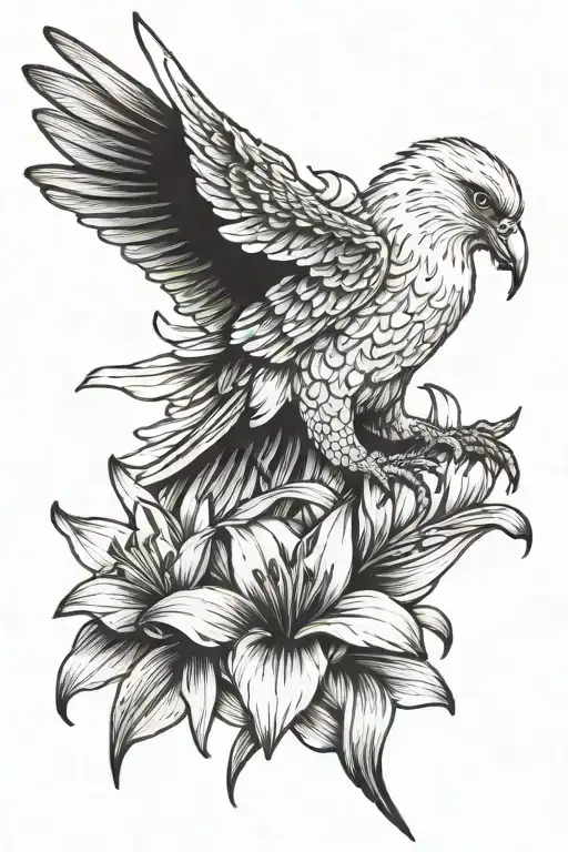 white falcon and lily flower tattoo design idea