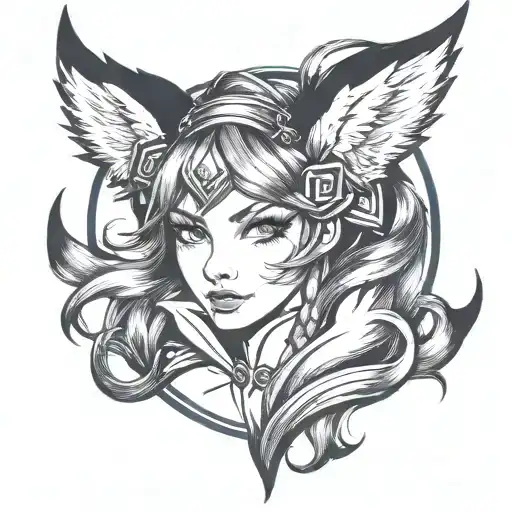 league of legends, ahri, blue eyes,  tattoo design idea