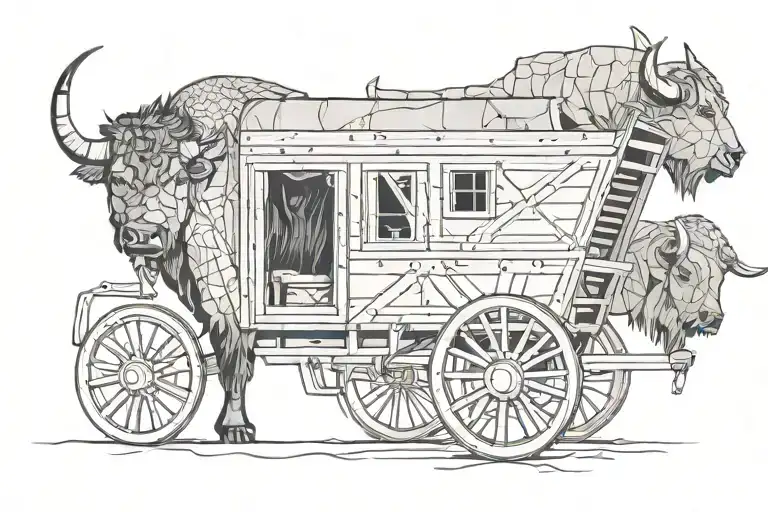 western wagon with cabin towed by bison land pirate  tattoo design idea