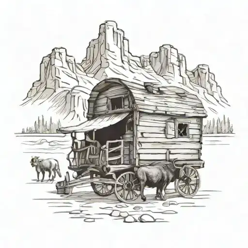 western wagon cabin towed by bison land pirate  tattoo design idea